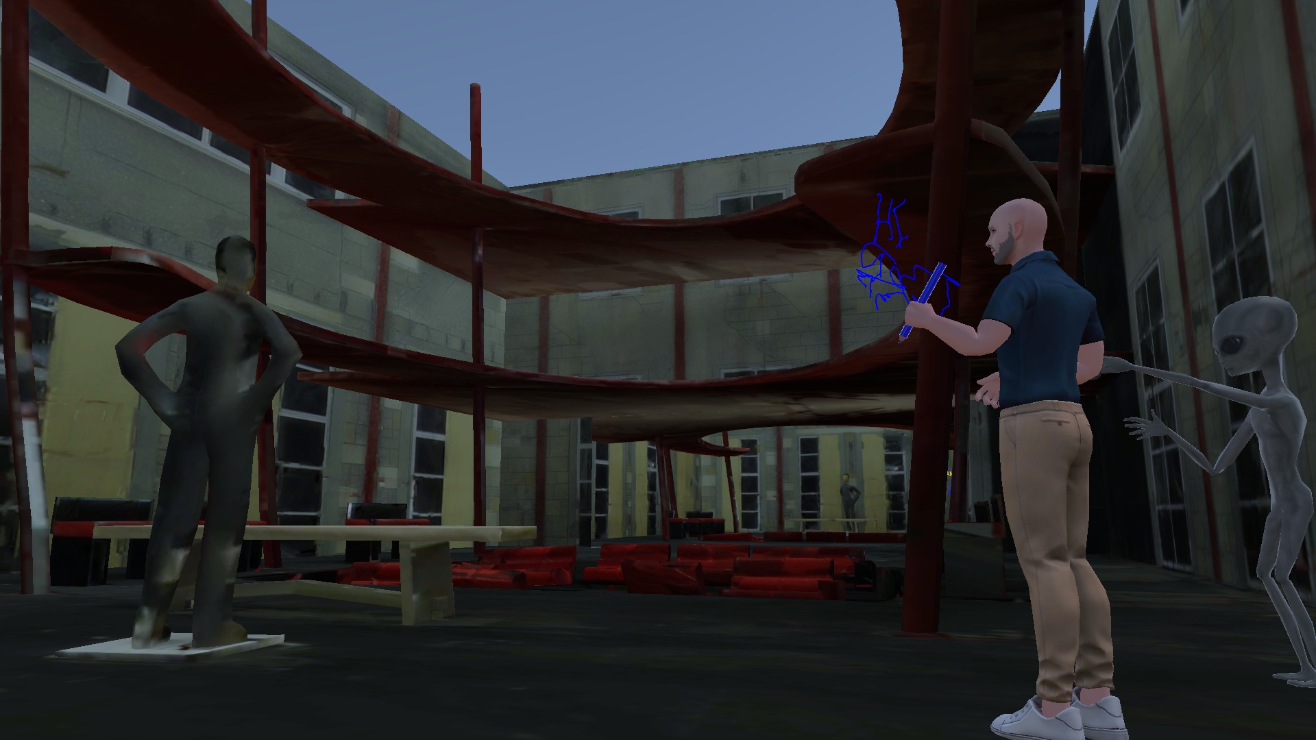A VR environment. There are 2 characters facing each other, one holding a blue pen which he uses to write